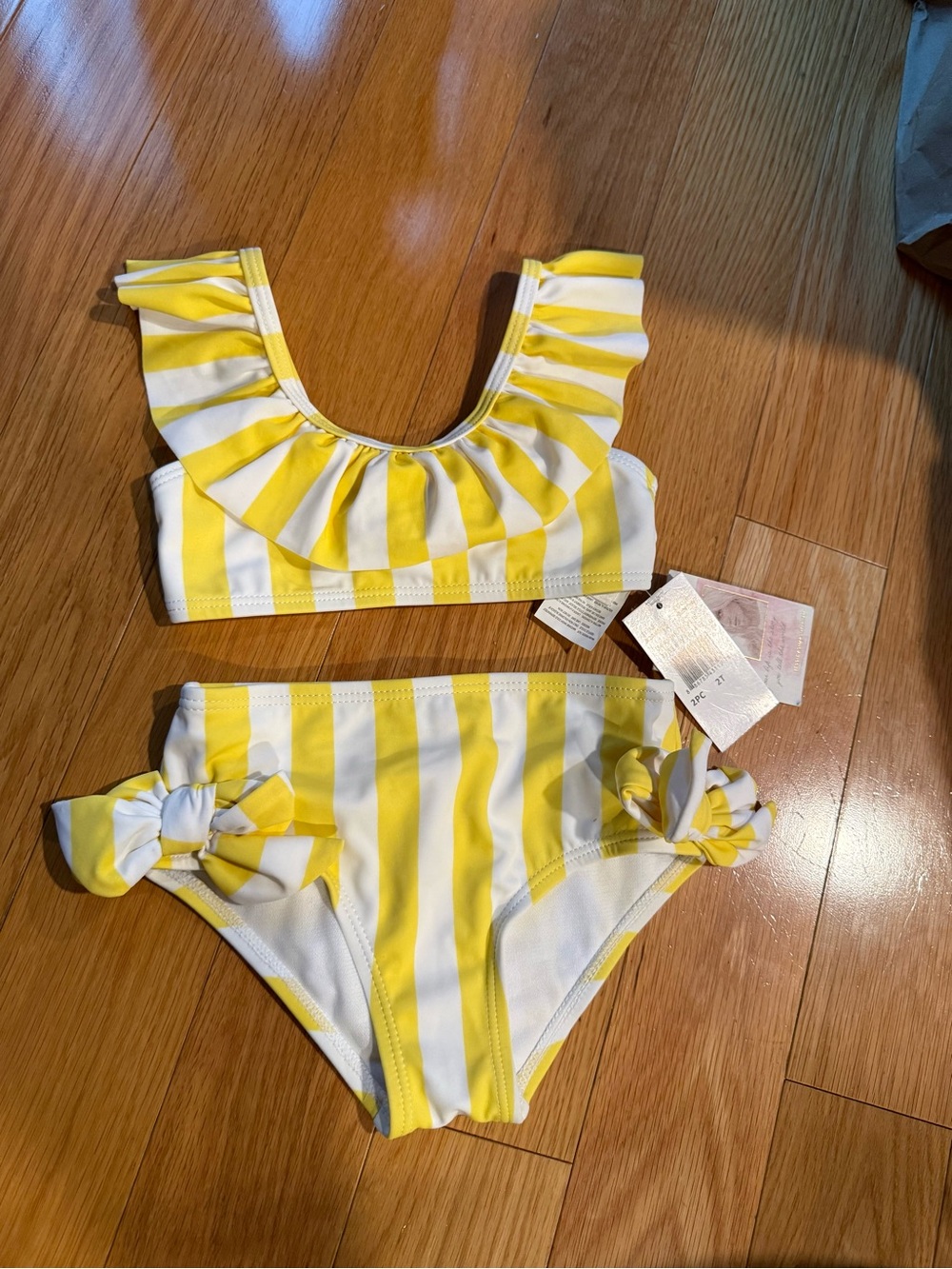NWT Jessica Simpson Yellow and White Striped Ruffle Two-Piece Swim Set